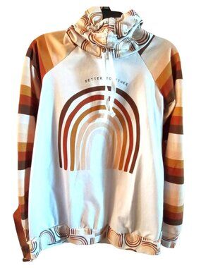 Better Together Retro Rainbow Sweatshirt Small Cowl Neckline White Brown Tones